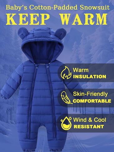 Baby Winter Snowsuit Cute Bear Ears Hooded Romper Toddler Double Zipper Warm Jumpsuit Windproof 0~24M in Kuwait