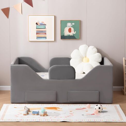 Toddler Bed Frame with 2 Drawer and Storage Bag, Kids Bed with Removable Safety Rails, Standard Crib Size Portable Beds, Safety Upholstered Child Beds for 1-6 Years Old in Saudi Arabia