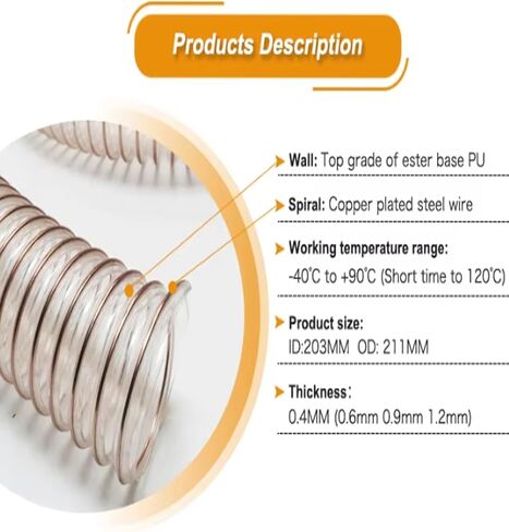 PU Dust Collection Hose Clear Pipe，1.5mmThick, Puncture Resistant PU Polyurethane Hose With Copper-plated Steel wire，2m Length(115mm) in Saudi Arabia
