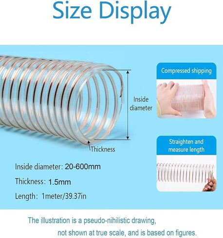 PU Dust Collection Hose Clear Pipe，1.5mmThick, Puncture Resistant PU Polyurethane Hose With Copper-plated Steel wire，2m Length(115mm) in Saudi Arabia