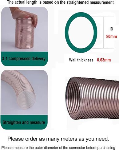 80mm Inner Diameter, Thick Vac Hose, 2m Length Flexible Dust Collection Hose,PU Hose with Copper-Plated Steel Wire(2mm) in Saudi Arabia