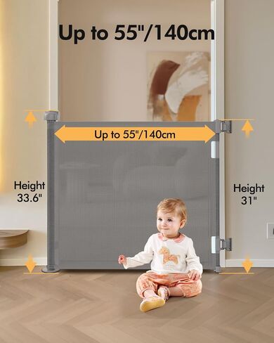 Retractable Baby Gate for Stairs & Doorways, 55" Wide x 33.6" Tall Easy Installation Mesh Dog Gate for Indoor & Outdoor Use,Pet and Dog Safety Gate for Hallways(Grey) in Saudi Arabia