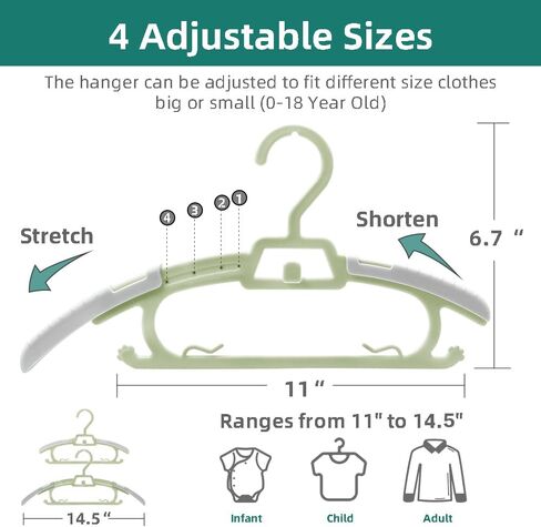 24 قطعة من شماعات ملابس الأطفال القابلة للتعديل للخزانة، منظم ملابس الأطفال من البلاستيك الثقيل القوي للأطفال حديثي الولادة، شماعات ملابس الأطفال قابلة للتوسيع والتكديس، 27.94 سم - 35.56 سم، أبيض in Kuwait