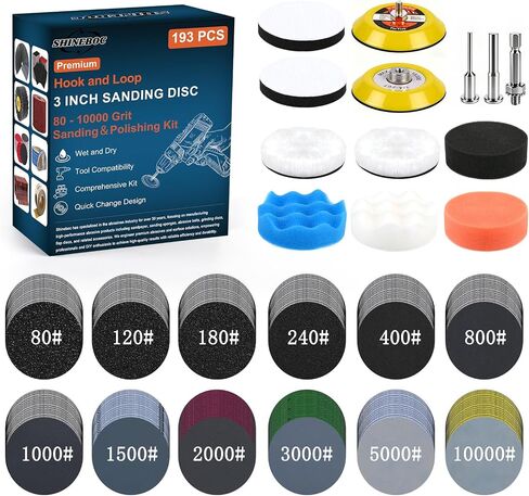193 Pcs 3 Inch Sanding Discs, Headlight Restoration Polishing Kit | 80-10000 Grit Wet Dry Hook & Loop Sandpaper, Drill Sanding Attachment with Rotary Tools for Auto, Glass & Resin Expoxy in Saudi Arabia