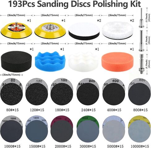 193 Pcs 3 Inch Sanding Discs, Headlight Restoration Polishing Kit | 80-10000 Grit Wet Dry Hook & Loop Sandpaper, Drill Sanding Attachment with Rotary Tools for Auto, Glass & Resin Expoxy in Saudi Arabia
