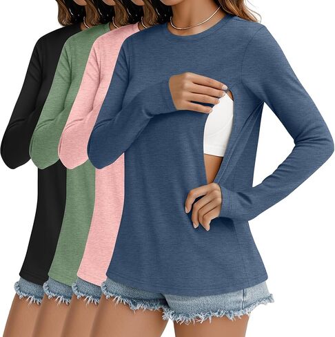 4 Pack Women's Nursing Shirts for Breastfeeding Zipper Long Sleeve Maternity Tops Loose fit Nursing Clothes(Hazy Blue, Light Pink, Light Green, Black,Small) in Saudi Arabia