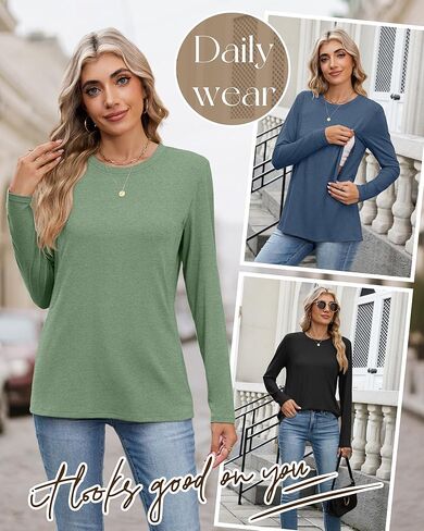 4 Pack Women's Nursing Shirts for Breastfeeding Zipper Long Sleeve Maternity Tops Loose fit Nursing Clothes(Hazy Blue, Light Pink, Light Green, Black,Small) in Saudi Arabia