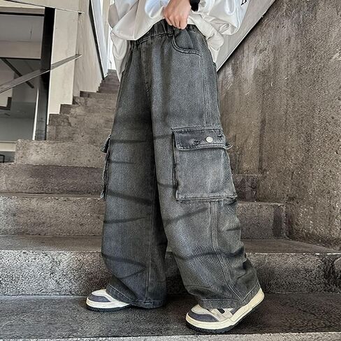 Tween Boys Denim Cargo Pants Kids Baggy Jeans Vintage Straight Leg Y2K Streetwear with Pockets 2025 Trendy Little Boy Clothes in Saudi Arabia