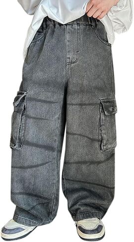 Tween Boys Denim Cargo Pants Kids Baggy Jeans Vintage Straight Leg Y2K Streetwear with Pockets 2025 Trendy Little Boy Clothes in Saudi Arabia