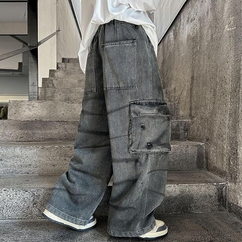 Tween Boys Denim Cargo Pants Kids Baggy Jeans Vintage Straight Leg Y2K Streetwear with Pockets 2025 Trendy Little Boy Clothes in Saudi Arabia