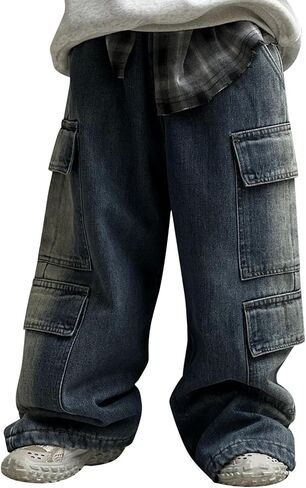 Little Boys Baggy Jeans Y2k Cargo Trousers Kids Casual Elastic Waist Denim Pants Pockets Teen Vintage Hip Hop Streetwear in Saudi Arabia