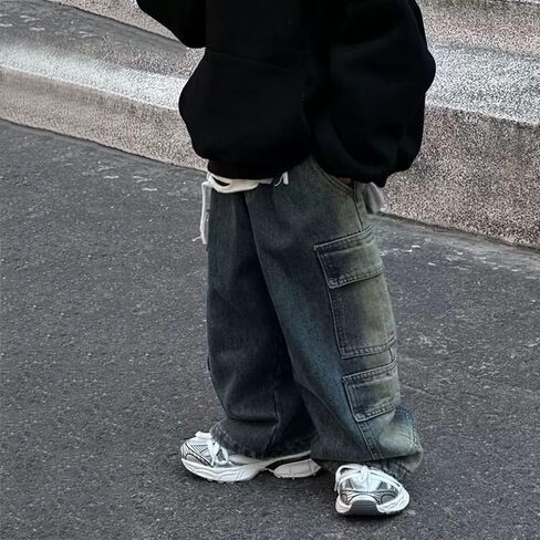 Little Boys Baggy Jeans Y2k Cargo Trousers Kids Casual Elastic Waist Denim Pants Pockets Teen Vintage Hip Hop Streetwear in Saudi Arabia