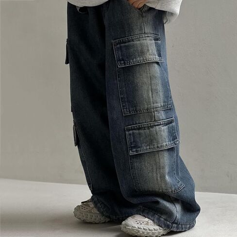 Little Boys Baggy Jeans Y2k Cargo Trousers Kids Casual Elastic Waist Denim Pants Pockets Teen Vintage Hip Hop Streetwear in Saudi Arabia