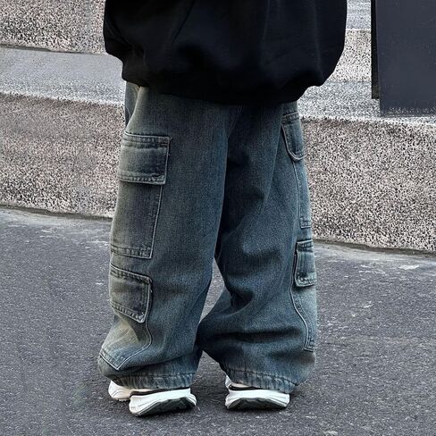 Little Boys Baggy Jeans Y2k Cargo Trousers Kids Casual Elastic Waist Denim Pants Pockets Teen Vintage Hip Hop Streetwear in Saudi Arabia