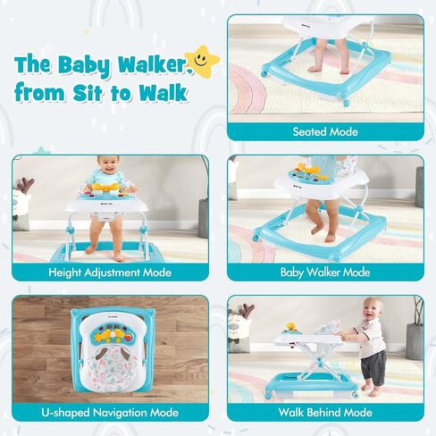 HONEY JOY Baby Walker, 5 in 1 Infant Activity Walker with Wheels, Music, Removable Cushion, Toddler Foldable Push Walker for Boys Girls, Anti-Rollover Walkers for Babies 7-14 Months (Gray) in Kuwait