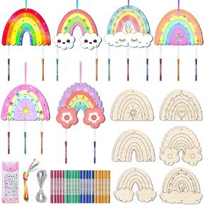 12 Pack Wind Chime Crafts for Kids, Make Your Own Boho Rainbow Wind Chime Kit DIY Coloring Wooden Craft Unfinished Rainbow Wood Ornaments for Girls Boys Birthday Gifts