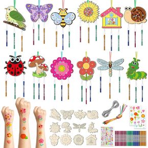 12 Pack Wind Chime Kit for Kids Make Your Own Wind Chime DIY Wood Arts and Crafts Decorative Coloring Wooden Hanging Ornaments for Girls Boys Home School Activity Party Supplies(Spring Flower Animal)