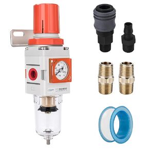 NANPU 1/4" NPT Embedded Gauge Compressed Air Filter/Regulator Piggyback Combo, Auto Drain, 5 Brass Micron Element, Poly Bowl, Metal Bracket