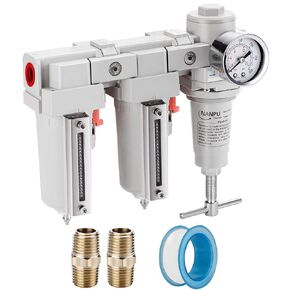 NANPU 1/2" NPT T-Handle High Pressure Air Drying System - Double 5 Micron Particulate Filter & Air Pressure Regulator Piston Combo, Semi-Auto Drain＆Gauge