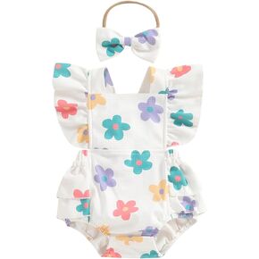 Covvoliy Infant Baby Girl Summer Clothes Outfits Cute Print Fly Sleeve Romper Jumpsuit Bodysuit with Headband
