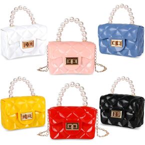 Whaline 6Pcs Mini Purse Small PVC Jelly Crossbody Bag Cute Toddler Princess Handbag with Pearl Handle for Women Girl Bridesmaid Birthday Party Gift Supplies