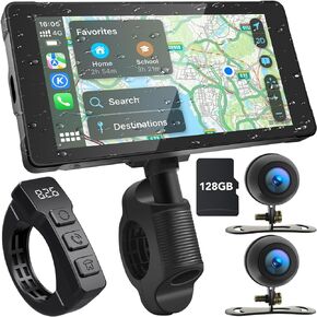 LBW Premium Motorcycle DVR: Wireless Apple Carplay & Android Auto, Dual HD 1080P Cameras, GPS Navigation, 5.5 Inch IPS Touch Screen, Bluetooth, IP66 Waterproof, Siri & Google Voice, Free 128GB TF Card