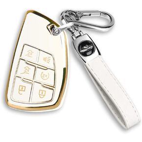 QBUC for Chevrolet Key Fob Cover Case with Genuine Leather KeyChain Soft TPU Protector Key Shell Compatible with Chevy Suburban Tahoe GMC Yukon Denali Sierra Silverado Buick Envision Avenir (Black)