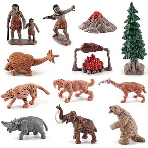Realistic Prehistoric Animal and Primitive Figurines Moodel Toy 12 Pcs Ancient Smilodon Mammoth Human Figures Collection Playset Educational Toy Christmas Birthday Gift