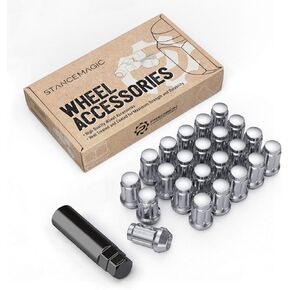 StanceMagic - 23pcs Tuner Spline Lug Nuts - 1/2x20 Threads, Closed End, Cone Seat - Includes Socket Key Tool - Compatible with Jeep Cherokee Wrangler Liberty and More - Chrome, 1.4in Length