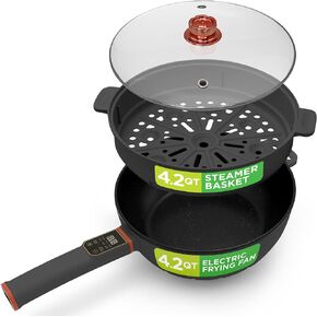 Nutrichef 4L Electric Frying Pan & 4L Steamer | Multifunctional Portable 1000W Non-Stick Pot for Cooking | Durable Heat Safe Handle | Touch Control Panel | Includes a Spatula | White