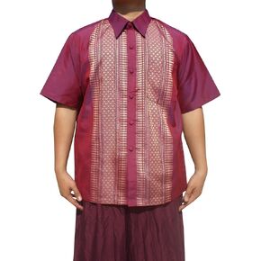 RaanPahMuang Formal Northern Thailand Woven Stitchwork Short Sleeve Silk Shirt
