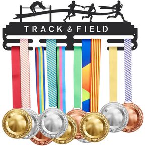 SUPERDANT Track & Field Medal Holder Sports Medals Display Black Iron Wall Mounted Hooks for 40+ Hanging Medal Rack Display Competition Medal Holder Display Wall Hanging 40x15cm