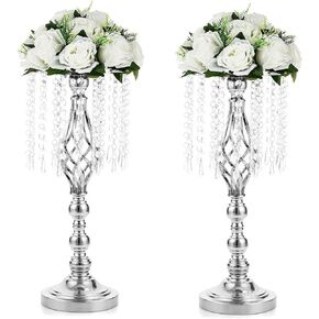 Sziqiqi Wedding Table Flower Crystal Centerpiece - 10pcs Bulk Gold Metal Flowers Floor Stand Living Room 21.7inch Tall Vases Decor Tables Centerpieces for Birthday Party Reception
