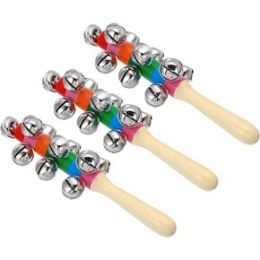 PATIKIL 3pcs Hand Jingle Bells, Hand Bell Handheld Wrist Bells Sleigh Bells Wooden Hand Percussion Instruments Musical with 10 Bells for Music Class Party Christmas, Rainbow Colorful