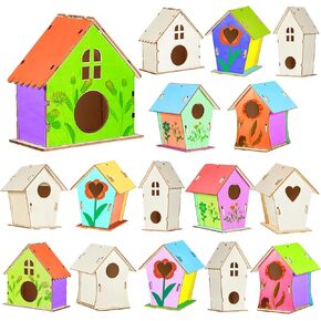 Juexica 15 Pcs 4" Wooden Birdhouses, Unfinished Wood Bird Houses Kits Arts and Spring Crafts Kids Wooden Bird Houses Bulk for Children to Build and Paint DIY Craft (Modern)