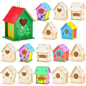 Juexica 15 Pcs 4" Wooden Birdhouses, Unfinished Wood Bird Houses Kits Arts and Spring Crafts Kids Wooden Bird Houses Bulk for Children to Build and Paint DIY Craft (Modern)