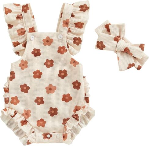 Covvoliy Infant Baby Girl Summer Clothes Outfits Cute Print Fly Sleeve Romper Jumpsuit Bodysuit with Headband in Kuwait