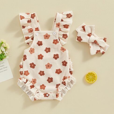 Covvoliy Infant Baby Girl Summer Clothes Outfits Cute Print Fly Sleeve Romper Jumpsuit Bodysuit with Headband in Kuwait