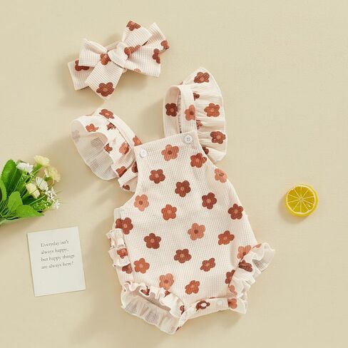 Covvoliy Infant Baby Girl Summer Clothes Outfits Cute Print Fly Sleeve Romper Jumpsuit Bodysuit with Headband in Kuwait