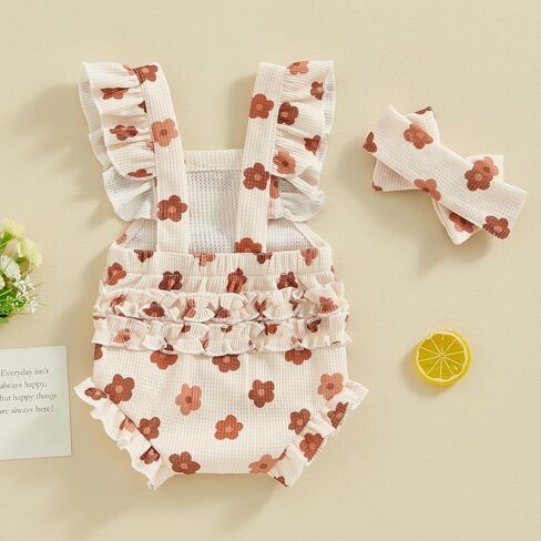 Covvoliy Infant Baby Girl Summer Clothes Outfits Cute Print Fly Sleeve Romper Jumpsuit Bodysuit with Headband in Kuwait