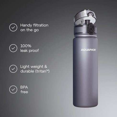 زجاجة أكوافور سيتي 500 مل رمادي | زجاجة مياه للسفر مع فلتر الكربون المنشط | فلاتر الكلور والشوائب | مصنوعة من التريتان وخالية من مادة BPA | حافظ على رطوبة جسمك أثناء التنقل! in Kuwait