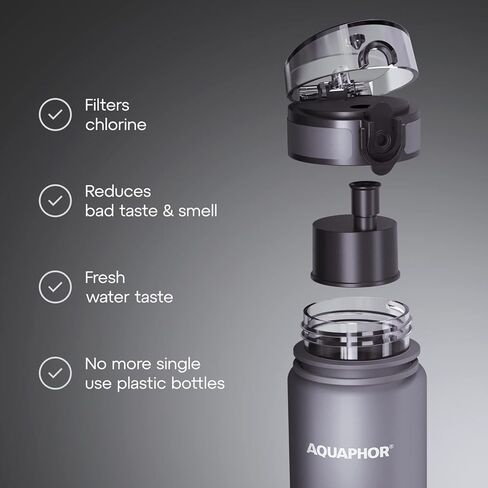 زجاجة أكوافور سيتي 500 مل رمادي | زجاجة مياه للسفر مع فلتر الكربون المنشط | فلاتر الكلور والشوائب | مصنوعة من التريتان وخالية من مادة BPA | حافظ على رطوبة جسمك أثناء التنقل! in Kuwait
