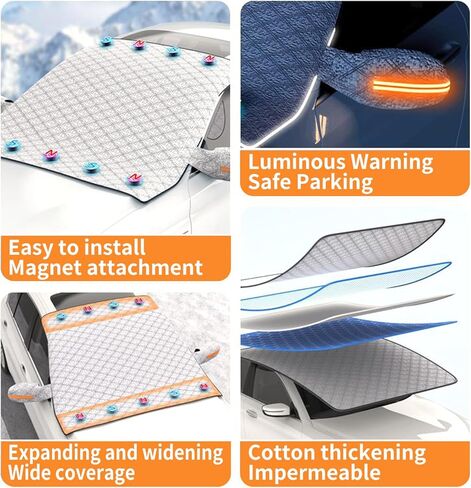 غطاء ثلجي للزجاج الأمامي مكون من 4 طبقات من Qiyibei للثلج والأشعة فوق البنفسجية والصقيع. مع مغناطيس. حماية الطلاء. واقي للممسحة والمرآة، غطاء الزجاج الأمامي للسيارة، لمعظم السيارات وسيارات الدفع الرباعي والشاحنات والشاحنات الصغيرة (63 × 45.6 بوصة) in Kuwait