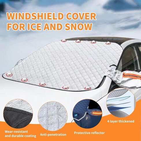 غطاء ثلجي للزجاج الأمامي مكون من 4 طبقات من Qiyibei للثلج والأشعة فوق البنفسجية والصقيع. مع مغناطيس. حماية الطلاء. واقي للممسحة والمرآة، غطاء الزجاج الأمامي للسيارة، لمعظم السيارات وسيارات الدفع الرباعي والشاحنات والشاحنات الصغيرة (63 × 45.6 بوصة) in Kuwait