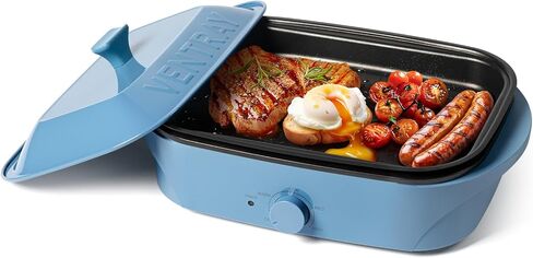 Ventray Electric Skillet Compact Tabletop BBQ Grill with Removable Stir Frying Griddle Pan and Lid, Electric Indoor Grill with Non-Stick Cooking Surface Adjustable Temperature - Blue in Kuwait