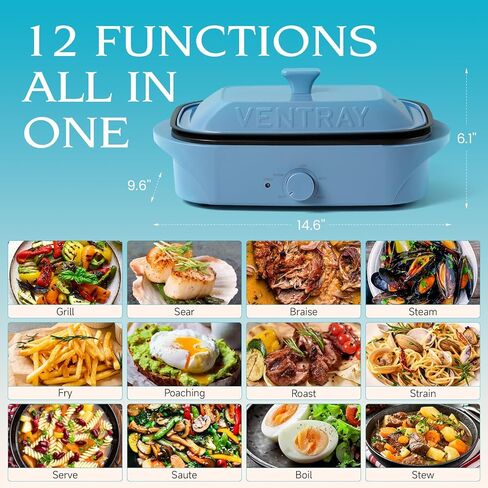 Ventray Electric Skillet Compact Tabletop BBQ Grill with Removable Stir Frying Griddle Pan and Lid, Electric Indoor Grill with Non-Stick Cooking Surface Adjustable Temperature - Blue in Kuwait