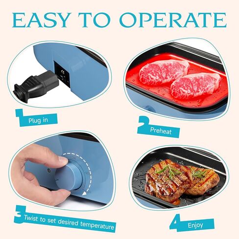 Ventray Electric Skillet Compact Tabletop BBQ Grill with Removable Stir Frying Griddle Pan and Lid, Electric Indoor Grill with Non-Stick Cooking Surface Adjustable Temperature - Blue in Kuwait