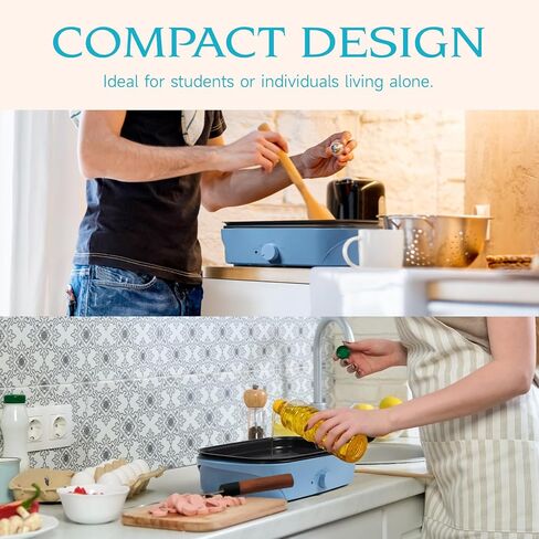 Ventray Electric Skillet Compact Tabletop BBQ Grill with Removable Stir Frying Griddle Pan and Lid, Electric Indoor Grill with Non-Stick Cooking Surface Adjustable Temperature - Blue in Kuwait