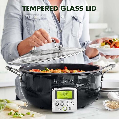 وعاء مقلاة GreenPan Elite Essential Smart Electric 6QT، إعدادات مسبقة للقلي السريع وطهي الأرز، قطع سيراميك صحية غير لاصقة وآمنة للاستخدام في غسالة الأطباق، شاشة LED سهلة الاستخدام، أزرق أكسفورد in Kuwait