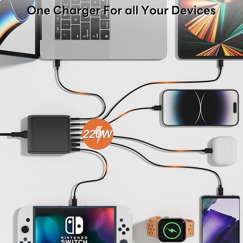 USB C Charger Block, 220W 7-Port Desktop Charging Station, 65W Laptop Charger Compatible with MacBook Pro/Air,iPad Series,iPhone 14 13 12 Pro Max Samsung Galaxy Note in Saudi Arabia